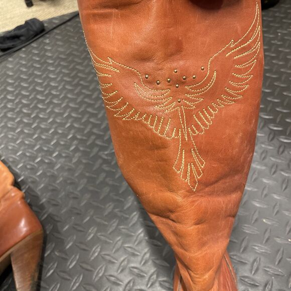 Vintage RARE 1970s Tall Leather Dingo Stacked Heel Boots Embroidered Phoenix 6.5 - Picture 4 of 12